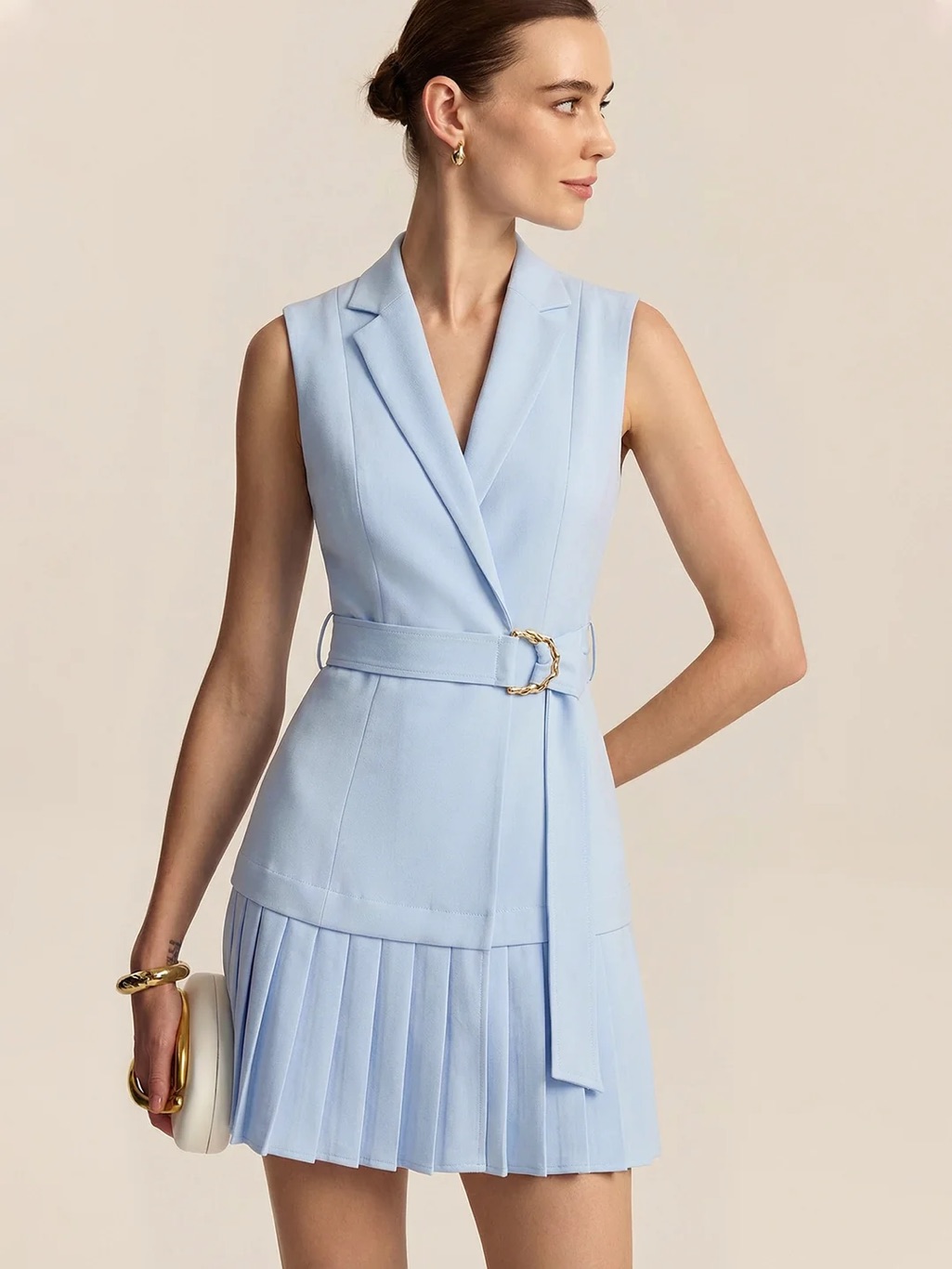 292 Belted Pleated Sleeveless Blazer Mini Dress